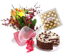 24 Mix flowers bouquet with 1 kg cake and 24 pc ferrero rocher chocolates