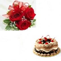 1/2 kg Black forest cake 3 red roses hand tied