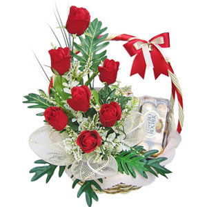 6 red roses and 16 ferrero rocher chocolates in a basket