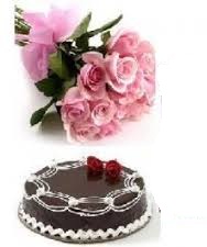 1/2 kg chocolate cake and 12 pink roses bunch