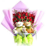 2 Teddies with 24 red roses