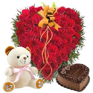 50 Heart shaped roses with 1 kilo cake and teddy