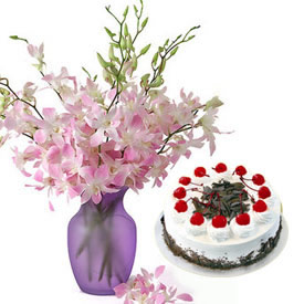 Orchids in glass vase and 1 kg cake