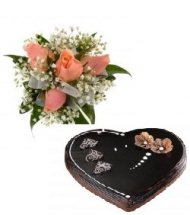1 kg Heart Shaped Chocolate Cake with 4 pink roses hand tied