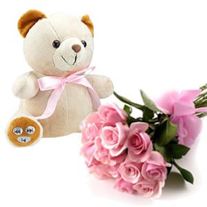Teddy and 30 pink roses hand bouquet
