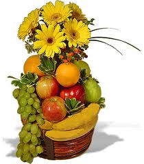 Fresh Fruit and assorted Flowers all in one basket