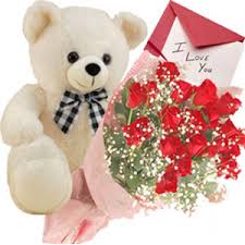 Teddy Bear 2 feet with 8 mix roses hand tied