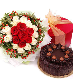 24 red & white roses bouquet and 1/2 kg chocolate cake.