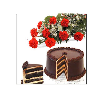Carnations bouquet and 1/2 kg chocolate cake.