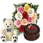1 pound Cake with 12 red roses bouquet and teddy bear 6 inch