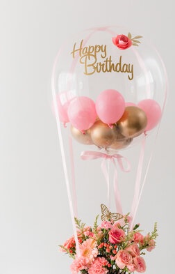 Transparent birthday air Balloon with gold pink balloons inside 20 pink roses flowers one rose on top of balloon