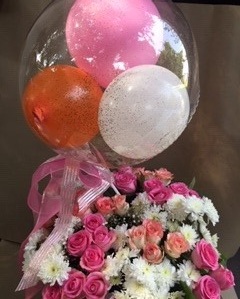 3 air Balloons inside a Transparent balloon with basket of 40 flowers